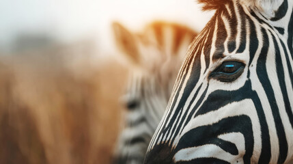 Fototapeta premium Zebra observing focus with its distinctive eye and striped pattern, another zebra subtly blurring in the background