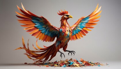 Fototapeta premium a vibrant paper phoenix with bright orange and blue feathers. This paper phoenix is surrounded by colorful paper scraps on a neutral background.