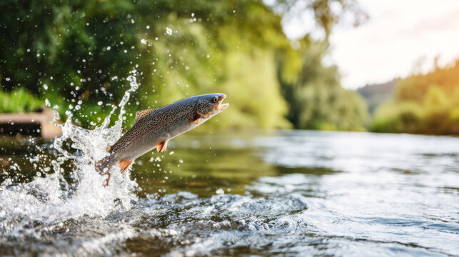 Freshwater rainbow trout jumping from water, escaping, catching sunlight on its scales, leaving a splash behind in the river