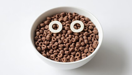 Fototapeta premium The bowl contains chocolate cereal shaped like tiny rings. Two round pieces sit atop, resembling eyes for a playful presentation of the cereal.