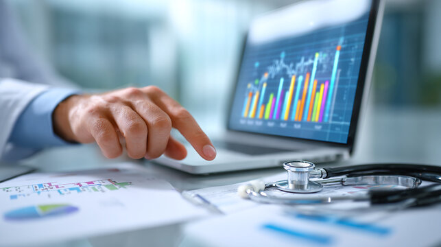 executive pointing at healthcare business analytics dashboard with medical reports and clinic management paperwork nearby
