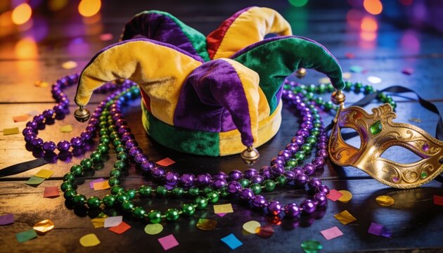Colorful Mardi Gras decorations including a jester hat, beads, and mask on a wooden floor with confetti and bokeh lights