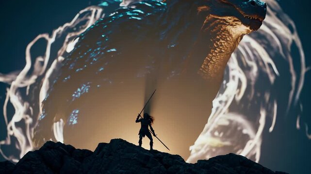 Warrior stands on rock facing dragon. Silhouette holds sword in ready stance. Epic fantasy confrontation poised for battle. Dark glow frames dramatic solitary hero. Ambient light casts eerie halo.