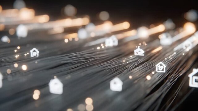 Fiber Optic Network: Illustrative view of a fiber optic network, featuring small house icons suggesting homes connected to high-speed internet