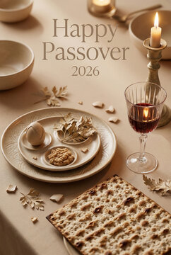 Happy Passover 2026 Seder Table Setting with Wine and Matzah