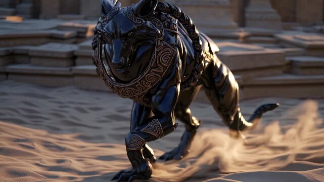 Goat creature in ornate armor with curled horn. Metal body strides; walk across rippled sand near ancient ruin. Broad shadow stretches along surface. Warm sunlight casts long contrast on bronze