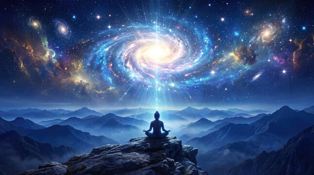 Meditation and chakra path to enlightenment concept. A serene figure meditates under a vibrant cosmic sky.