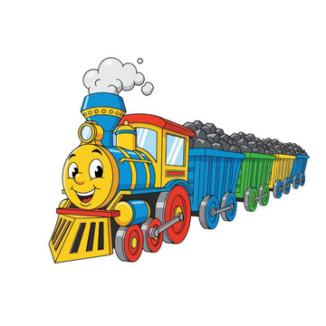Happy Cartoon Train with Coal Cars Illustration.