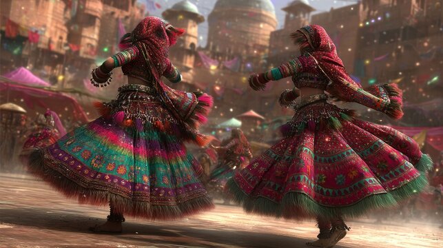 Colorful costumes and bustling marketplace a vibrant dance celebration of cultural heritage