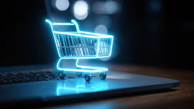 Digital Cart on Laptop: A glowing neon shopping cart symbol rests atop a sleek laptop, perfectly encapsulating the essence of online retail and modern e-commerce.