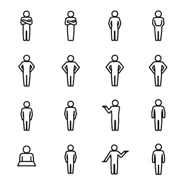 Vector Line Icons of People Poses Including Standing, Sitting, Gesturing, and Arms Crossed for Business and Web Design