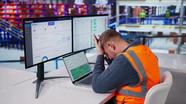 Warehouse Worker Struggles With Computer System, Feeling Confused