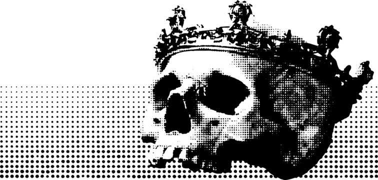 Punk skull with broken chain crown in black and white halftone style for tattoo design or alternative art