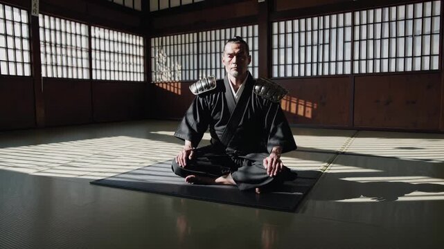 Man meditating in dojo on tatami. Meditation practice shows samurai zen focus. Martial warrior posture in kimono conveys mindfulness and discipline. Sunlight projects lattice shadows across tatami.