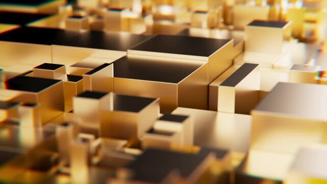 3D cubes in dynamic arrangement with golden colors and seamless motion across the surface
