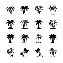 Naklejka premium Collection of sixteen palm tree icons in black and white minimalist style for tropical beach and summer vacation themes.