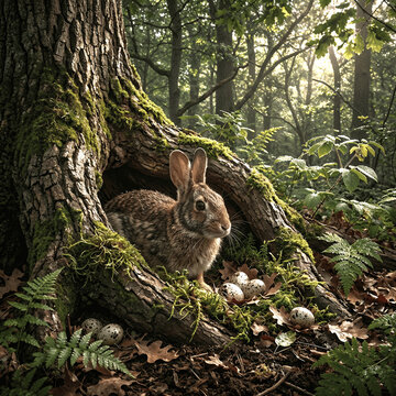 Cute Rabbit Peeking from a Hollow Log with Easter Eggs!