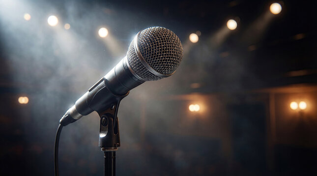 Black and white microphone on racked open mic night concept. Close-up of a microphone in a dramatic stage setting with lights.