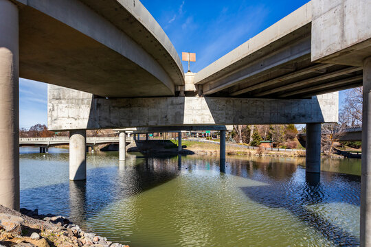 Klamath River under bridges in Klamath Falls, Oregon