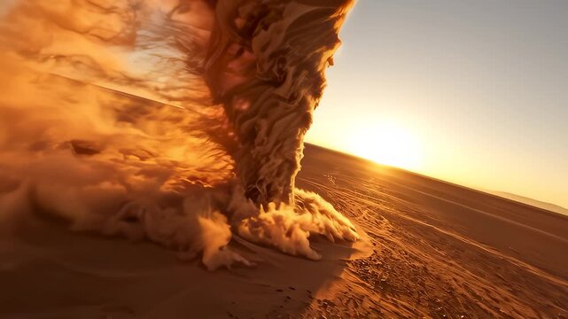 Cinematic View Of A Sand Tornado Spiraling In The Desert Sunset