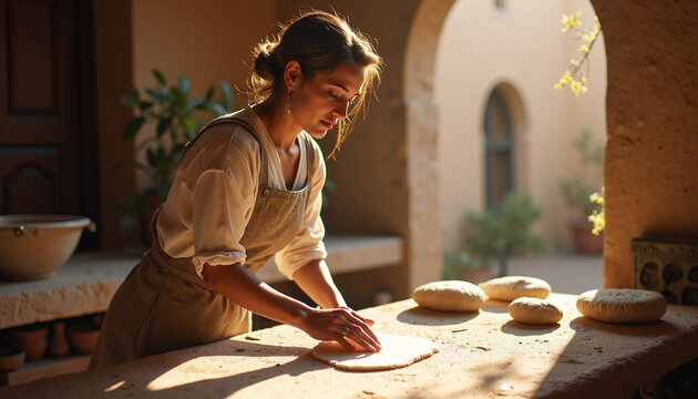 Artisan woman kneading dough at table in rustic kitchen, dough shaped on wooden surface, sunlit atmosphere creating warm and inviting scene, concept of baking bread for community gatherings.