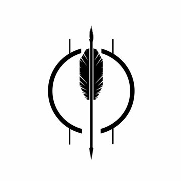 Black arrow with feather in target symbol for design or branding