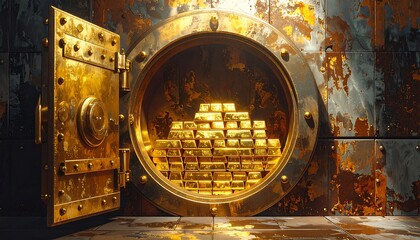 Fototapeta premium An open, ornate vault door reveals a treasure of gold bars piled within. The surrounding metal shows age and corrosion