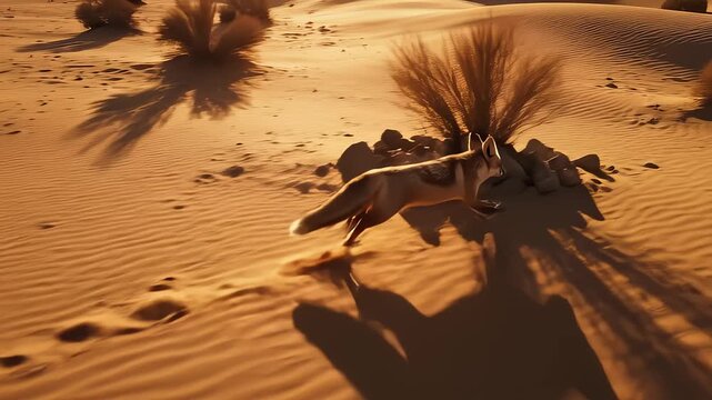 Fennec Fox Running Across Rippled Sand Dunes During Golden Hour
