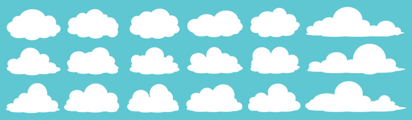 Obraz premium set of vector illustrations of clumpy clouds, cloud bubbles in flat style on a blue background 