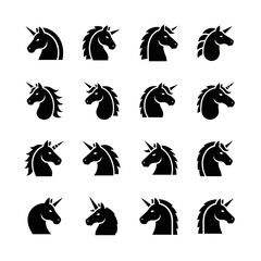 Obraz premium Set of sixteen minimalist black unicorn head silhouettes in various graphic styles isolated on white background.
