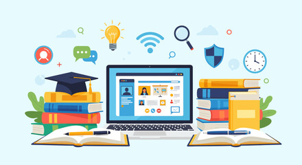 Digital learning and online education concept with laptop, books, graduation cap, and various icons representing knowledge and connectivity. © Warung