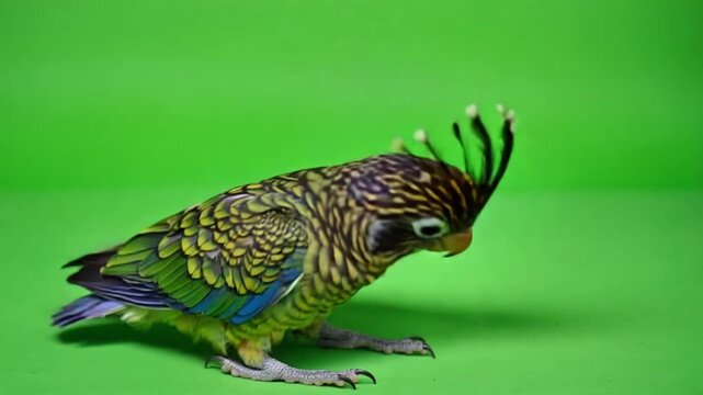 A colorful parrot is seen eating a piece of food in a green video background