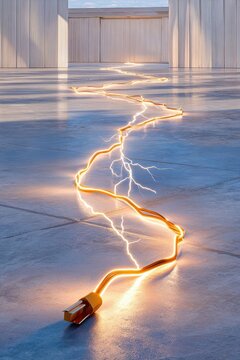 Glowing electrical cable with lightning sparks on a concrete floor conveying power and energy