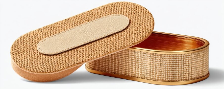 Oval beige adhesive bandage and textured storage tin on white background, close-up medical plaster and first aid supply