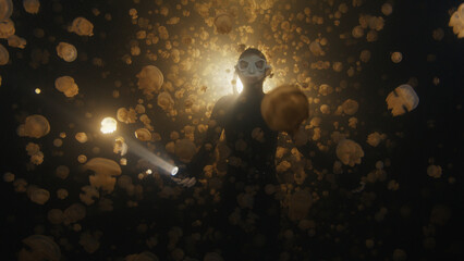 Night freediving. Freediver swims underwater with jellyfish in the lake in Papua, Indonesia © Dudarev Mikhail