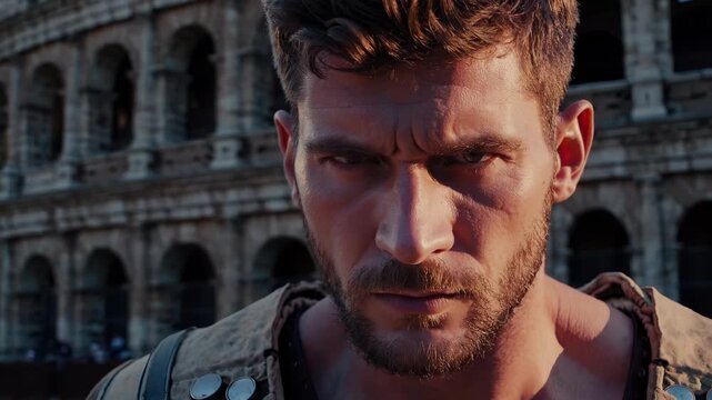 Man gladiator close to colosseum. Close portrait shows warrior and ancient armor. Roman landmark evokes travel and historical tourism. Monument adds dramatic heritage tone. Close framing fits ad use.