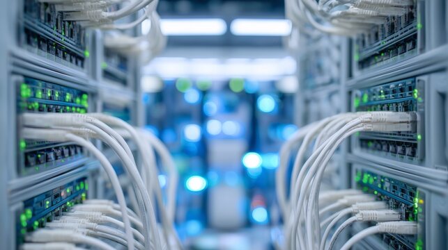 Data center servers interconnected by numerous networking cables, emphasizing technology and connectivity