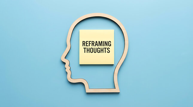 A wooden cutout of a human head with a post-it note inside that reads reframing thoughts on a blue background