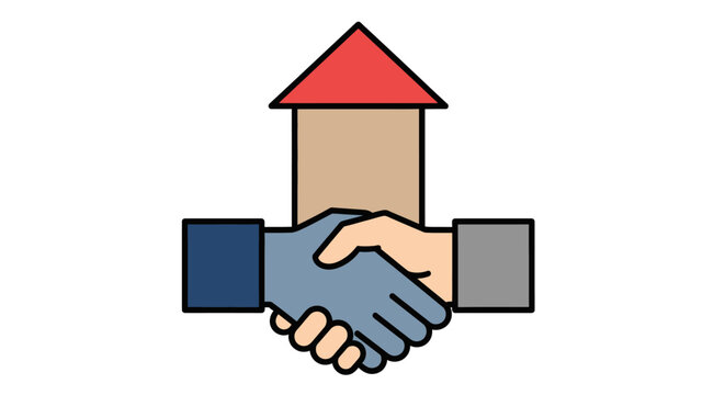 Real Estate Handshake Illustration Symbolizing Property Deal Agreement, Mortgage Approval and Home Buying Closing Success
