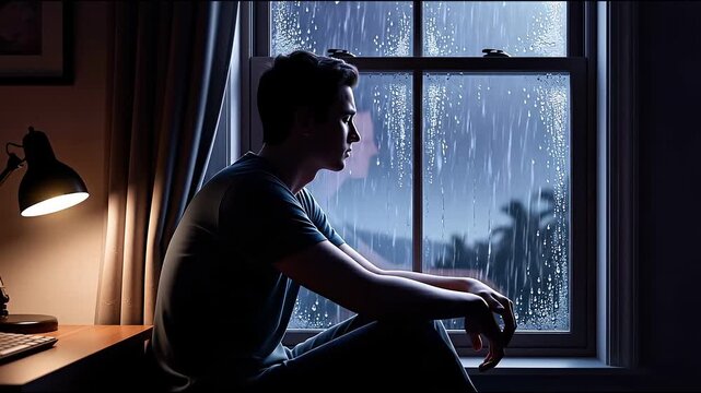Sad lofi boy sitting by window on rainy night concept. Young man sitting by a rainy window feeling sad and lonely in a dimly lit room with a melancholy mood