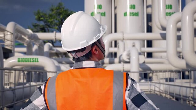 Close Up Back View Of A Male Engineer Wearing Safety Helmet Looking Around While Standing With Arms Akimbo at Biodiesel Production Facility