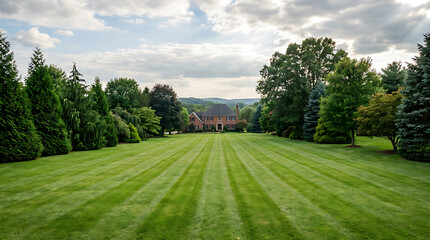 Fototapeta premium A large green lawn with freshly cut stripes leads to a beautiful house surrounded by lush trees under a cloudy sky on a sunny day