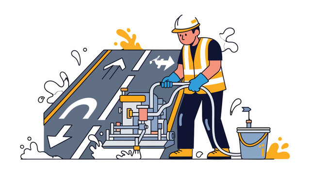Road Marking Operative at Work: A diligent road worker meticulously applies fresh markings to a section of asphalt, ensuring clarity and safety for motorists.