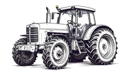Obraz premium Black and white illustration of a classic, powerful agricultural machine. It has large wheels and a protective cab