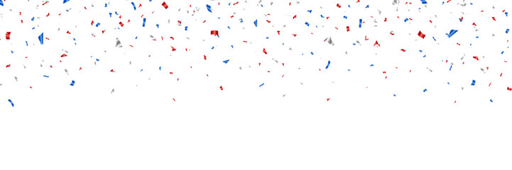 Confetti flying red silver and blue. Independence day United States. 4th of July greeting card. USA celebration background. Stars and tinsel falling bg. Happy Holiday frame. Vector illustration © Liubov