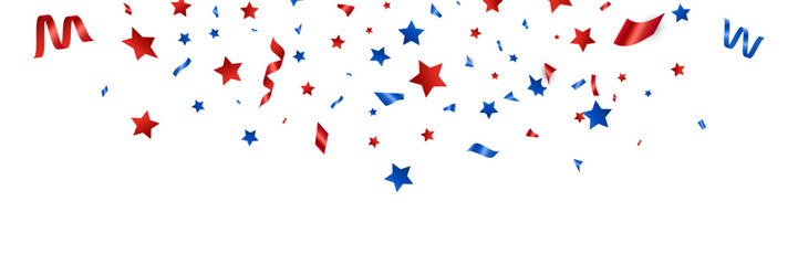 Confetti flying red silver and blue. Independence day United States. 4th of July greeting card. USA celebration background. Stars and tinsel falling bg. Happy Holiday frame. Vector illustration © Liubov