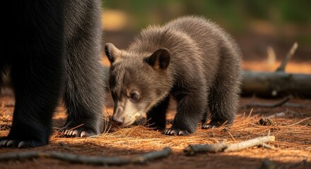 Fototapeta premium Adorable Black Bear Cub Sniffing the Ground in a Forest Beside Its Mother