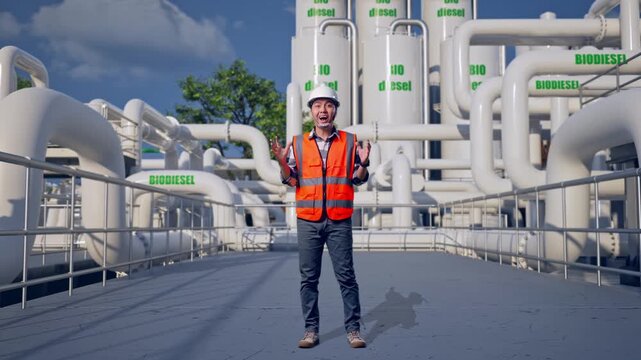 Full Body Of Asian Male Engineer With Safety Helmet Smiling To Camera And Saying Wow While Standing at Biodiesel Production Facility