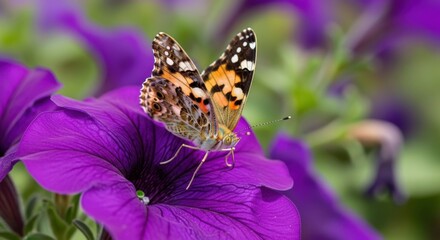 Obraz premium A delicate butterfly with intricate wing patterns rests gracefully upon a vibrant purple flower in a garden setting