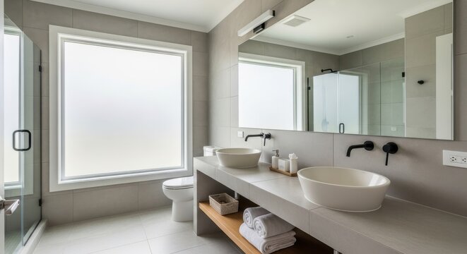 A bright and spacious modern bathroom featuring a double vanity with clean white tiles and ample natural light.